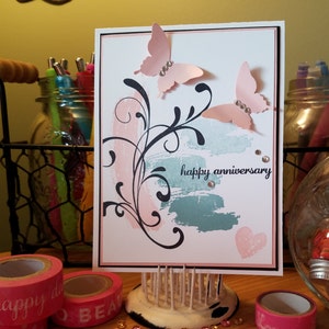 Tarjeta de aniversario, feliz aniversario, celebrar, felicitaciones, tarjeta de felicitación con sobre, hecho a mano, 3D, amor, mariposa, regalo