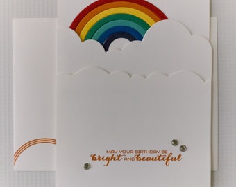 Happy birthday, handmade greeting card, rainbow, cloud, sunny day, for gift, bright and cheery, fun birthday card, cards for kids, friend