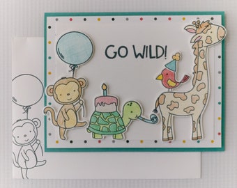 Happy birthday, handmade greeting card, animals, party animal, go wild, zoo theme, fun birthday card, cards for kid, friend, monkey, giraffe