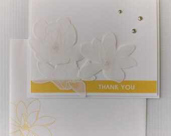 Thank You, handmade greeting card, flowers, white, yellow, blank, thanks, friendship, gift, birthday, wedding, anniversary, graduation