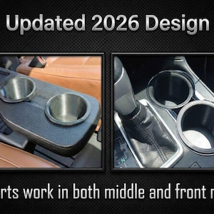 May include: A black textured car cup holder insert set featuring an Updated 2026 Design. The two images show the circular inserts installed in a vehicle centre console and a middle row seating area. The text states Inserts work in both middle and front rows.