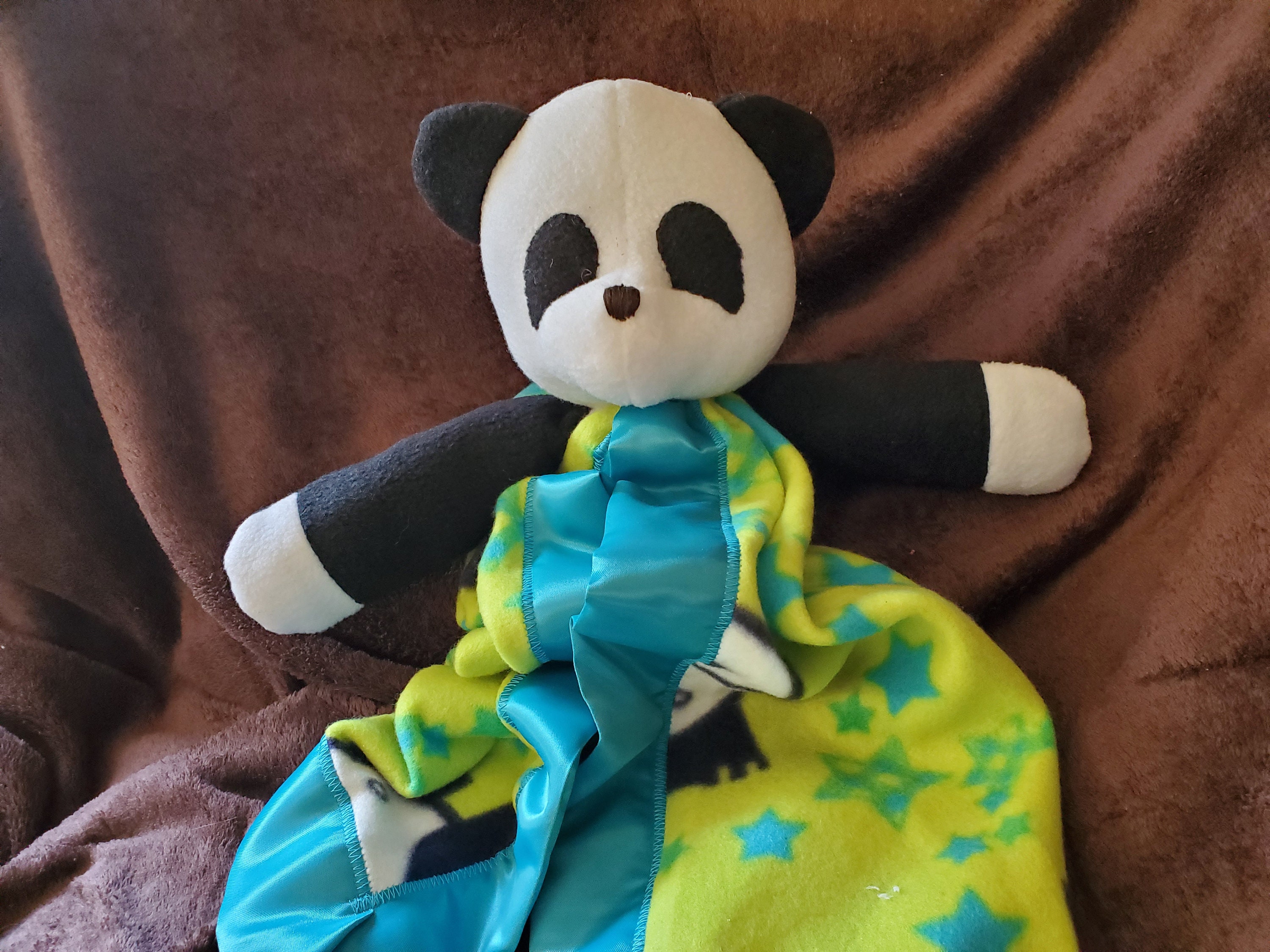 Panda Blanket Buddy with green fleece and aqua satin binding Etsy.de
