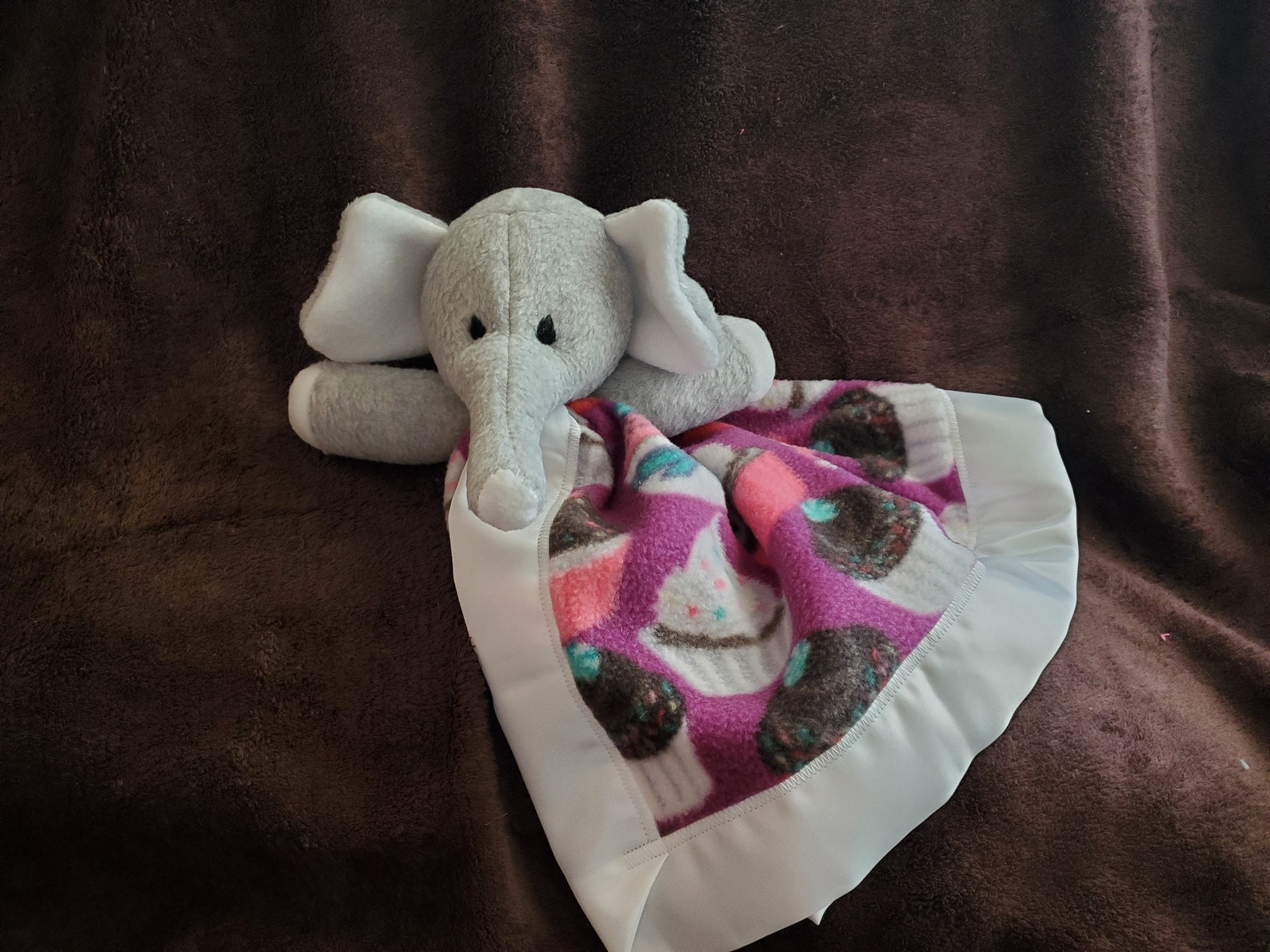Mini Elephant Blanket Buddy Who is Oh so Cuddly With a Cupcake Design