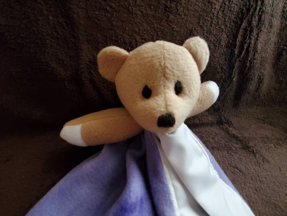 Teddy Bear Blanket Buddy bearzie With Lilac Tyedye Fleece and White Satin Binding 14 Tall Etsy