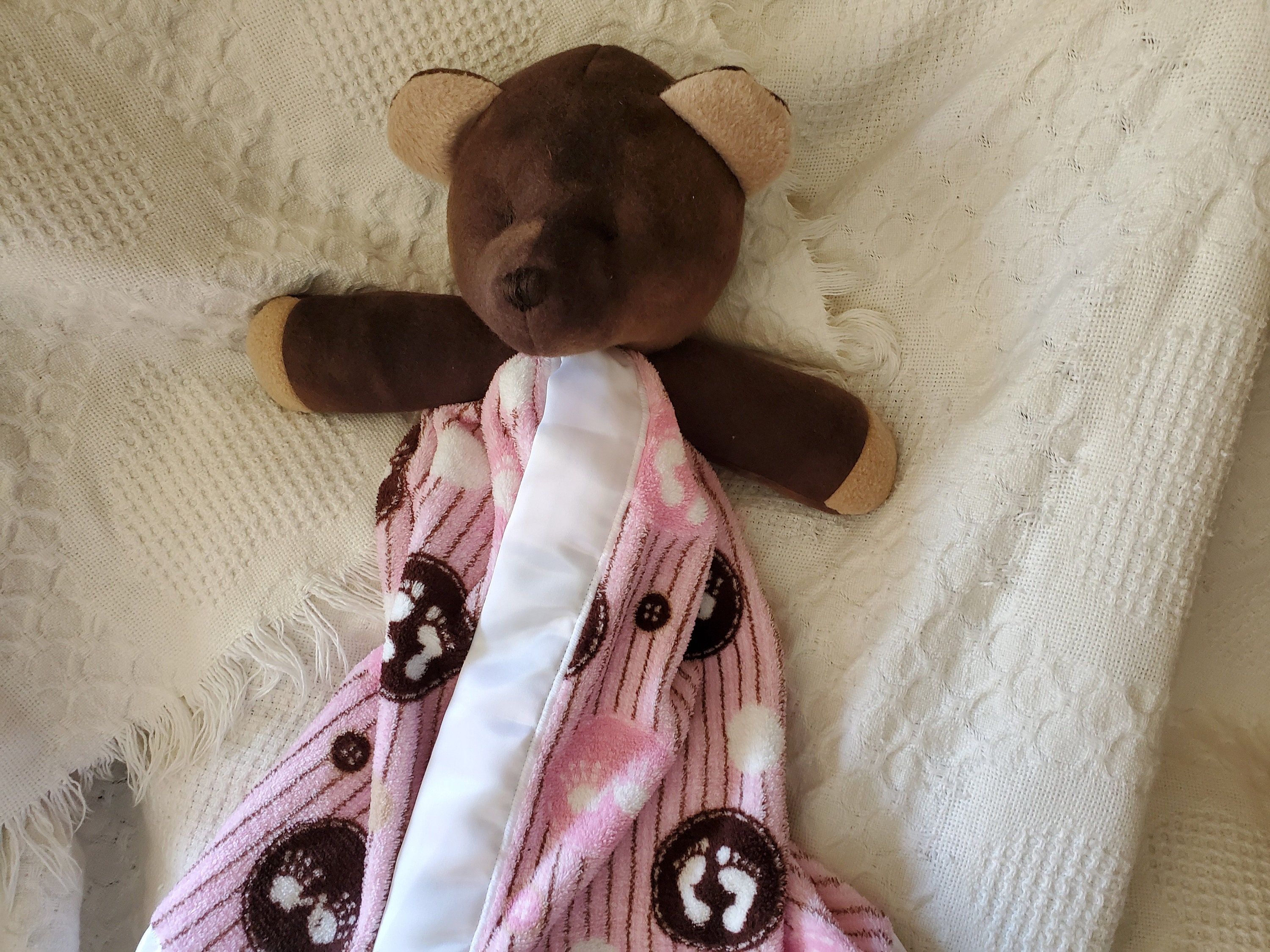 Soft and Cuddly Teddy Bear Blanket Buddy With White Satin Blanket