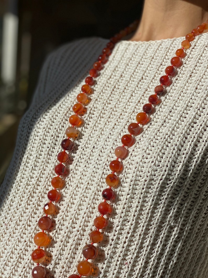 Long beaded crystal gemstone red carnelian necklace jewelry