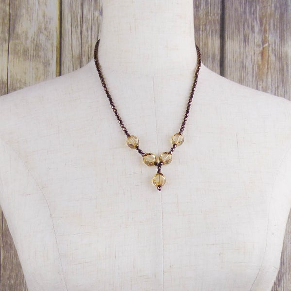 Honey and Bronze Beaded Y Necklace - Beaded Necklace with Honey-Colored Czech Glass and Broze Beads - Medium Length Necklace
