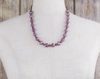 Lavender English Cut Czech Glass and Purplish-Bronze Shimmer Beads in Medium Length Necklace - Adjustable