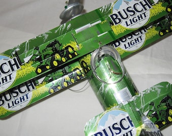 Handcrafted Beer Can Airplane Wind Spinner: John Deere Busch Light Can Art