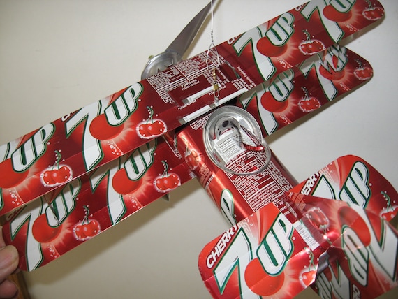 7 up Cherry Soda Can Airplane - Handcrafted-Wind Spinner-sun catcher-air plane