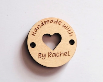 Custom Sew On Wooden Buttons with Persnalizaton for Handmade Items, Logo Labels for Hats, Crochet Knits Tag