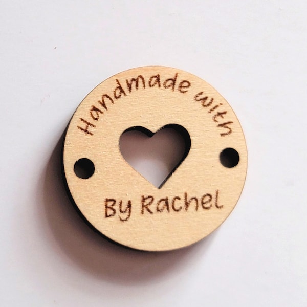 Custom Sew On Wooden Buttons with Persnalizaton for Handmade Items, Logo Labels for Hats, Crochet Knits Tag