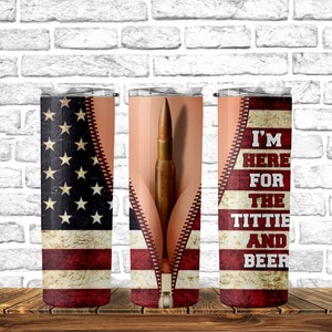 I'm Here For the Titties and Beer American Flag Cleavage Bullet 20 oz Skinny Tumbler, Adult Tumbler, Fun Gifts, Gift for Him
