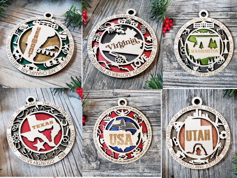 State Ornaments Wooden Ornament Laser Cut Ornament Choose Etsy