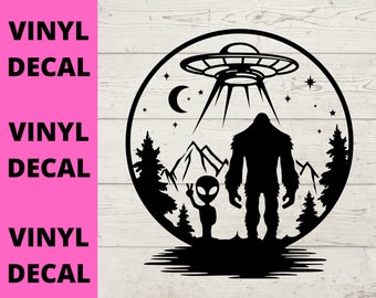 Bigfoot & Alien  decal, car Decal, notebook, tablet, phone, laptop sticker, Sasquatch Decal,  Alien Sticker