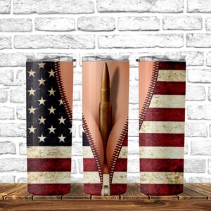 May include: Three stainless steel tumblers with a distressed American flag design. The center tumbler has a zipper design with a bullet peeking out.