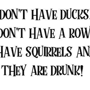 May include: A humorous text-based image with the text "I don't have ducks. I don't have a row. I have squirrels and they are drunk!"