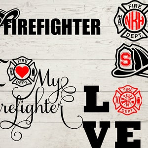 May include: Black and white graphic designs featuring a firefighter helmet, a fire department logo with a heart, and the words "Firefighter" and "I Love My Firefighter".