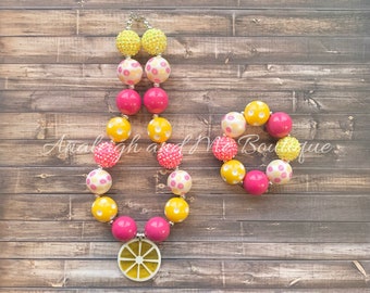 Pink Lemonade Chunky Necklace, Pink Lemonade Toddler Necklace, Baby Necklace, Pink and Yellow, Lemonade Necklace, Pink Lemonade Necklace