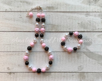 Toddler Pink and Black Small Bead Minnie Necklace, Minnie Toddler Necklace, Disney Toddler Necklace, Minnie Chunky Bead Necklace