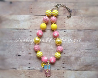 Pink Lemonade Chunky Bead Necklace and Bracelet Set, Toddler Necklace and Bracelet Set, Baby Necklace, Pink and Yellow, Chunky Bracelet