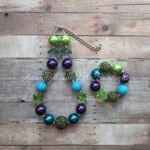 Toddler Peacock Chunky Bubblegum Necklace, Peacock Chunky Necklace Set, Peacock Baby Necklace, Purple Green and Blue Chunky Necklace