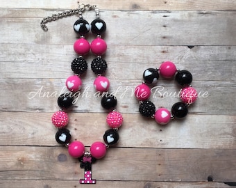 Pink and Black Minnie Mouse Chunky Bead Necklace,  Minnie Mouse Toddler Necklace,  Girls Necklace, Baby Necklace, First Birthday Minnie