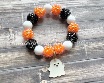 Halloween Orange Black White Ghost Bracelet, Halloween Small Bead Bracelet, Toddler Orange and Black Bracelet, Halloween Ghost Bracelet