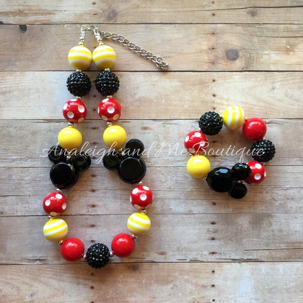 Red Yellow and Black Minnie Mouse Chunky Bead Necklace,  Minnie Mouse Toddler Necklace,  Girls Necklace, Baby Necklace, First Birthday