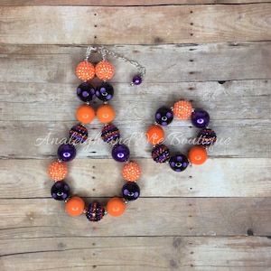 Toddler Girls Halloween Chunky Necklace and Bracelet, Fall Chunky Necklace, Orange Black and Purple Chunky Necklace, Fall Baby Necklace