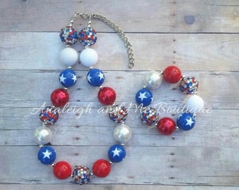 Fourth of July Toddler Chunky Bead Red White and Blue Necklace and Bracelet, 4th of July Chunky Girls Necklace,  Texans Chunky Brad Necklace