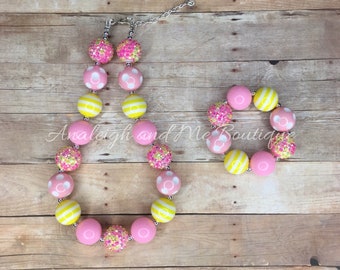 Toddler Pink Lemonade Necklace and Bracelet Set, Toddler Necklace and Bracelet Set, Baby Necklace, Pink and Yellow, Chunky Bracelet