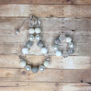 Winter White and Silver Chunky Necklace, Christening Chunky Necklace, Christening Toddler Necklace, White Baby Necklace, Winter Chunky