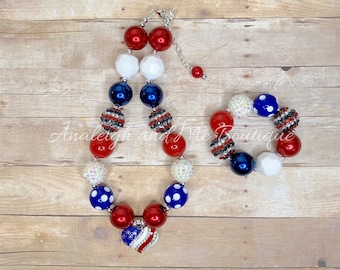 Fourth of July Toddler Chunky Necklace Set, Red White Blue