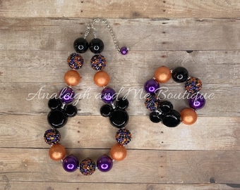 Halloween Minnie Mouse Chunky Necklace, Halloween Chunky Necklace, Orange and Purple Chunky Necklace, Toddler Minnie Mouse Necklace