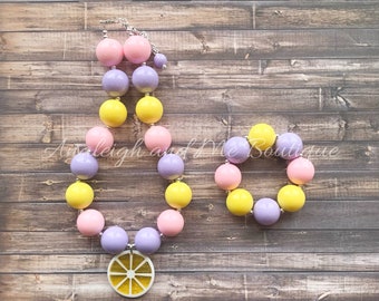 Lavender Pink Lemonade Chunky Necklace, Lavender Pink Lemonade Toddler Necklace, Baby Necklace, Pink and Yellow, Lemonade Necklace,