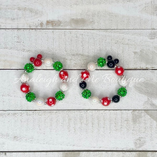 Christmas Minnie Toddler Bracelet, Christmas Small Bead Bracelet, Toddler Green Red and White Bracelet, Minnie Mouse Toddler Bracelet