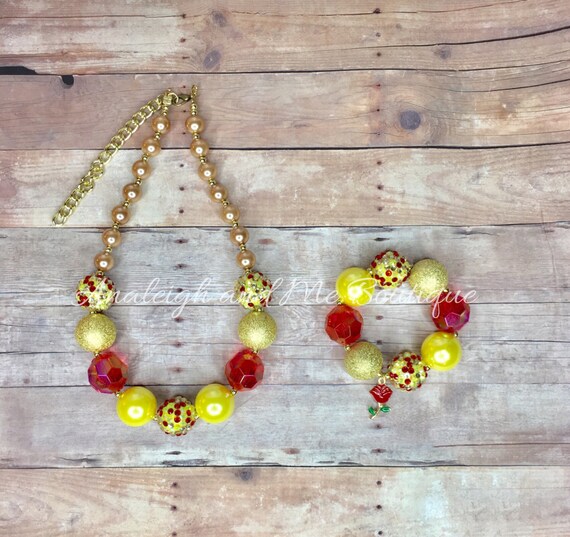 Belle Beauty and the Beast Inspired Necklace, Beauty and the Beast Necklace, Popcorn Yellow Red and Gold Necklace, Popcorn Birthday