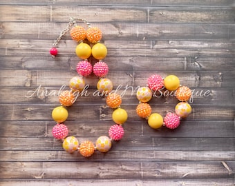 Toddler Pink Orange and Yellow Chunky Necklace, Summer Chunky Necklace, Toddler Pink and Orange Necklace, Pink Orange Yellow Baby Necklace