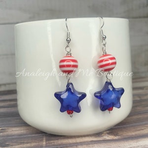 Fourth of July Patriotic Star Red White and Blue Dangle Chunky Earrings, USA Flag Earrings, Blue Star Dangle Earrings, 4th of July Earrings