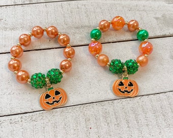 Halloween Pumpkin Toddler Bracelet, Halloween Small Bead Bracelet, Toddler Green and Orange Bracelet, Halloween Pumpkin Toddler Bracelet