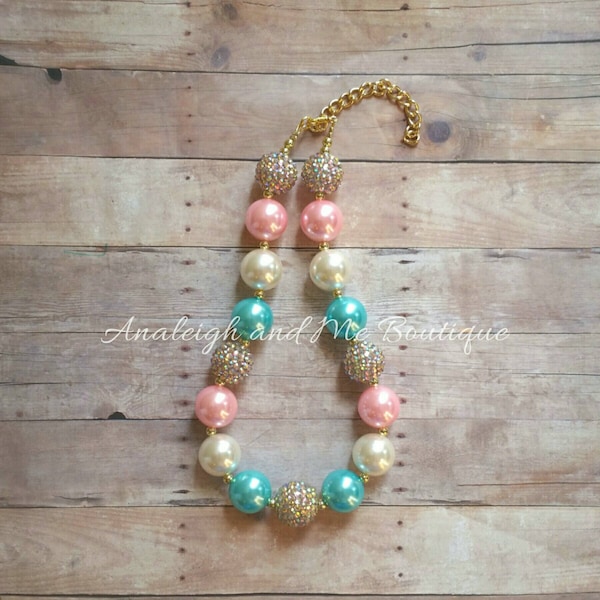 Pink Aqua Ivory and Gold Chunky Necklace, Pink and Aqua Chunky Necklace, Ice Cream Social Necklace, Pink and Aqua Necklace, Pink Aqua Ivory