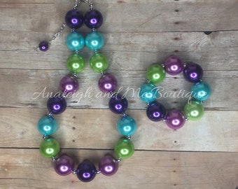 Peacock Themed Chunky Necklace, Peacock Baby Chunky Necklace, Toddler Peacock Chunky Necklace, Baby Purple Green Blue Necklace, Chunky Neckl