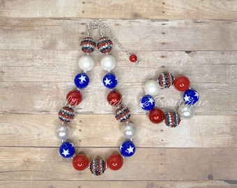 Fourth of July Necklace,  4th of July Necklace,  Fourth of July Baby Necklace,  Fourth of July Chunky Necklace,  Texans Chunky Necklace