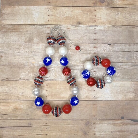 Fourth of July Necklace,  4th of July Necklace,  Fourth of July Baby Necklace,  Fourth of July Chunky Necklace,  Texans Chunky Necklace