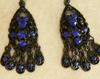 Vintage Blue Chandelier Earrings 2" Long Glass & Metal Gypsy-Style Hippie Ren Faire Earrings 1960's Boho Elegant Wedding Blue Downton Abbey