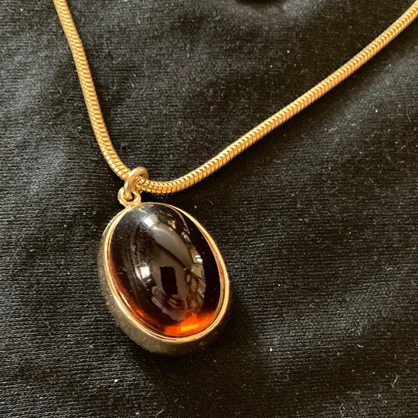 Large Honey-Colored Cabochon Pendant Gold Bezel-Set High Oval Domed Polished Resin Translucent "Gem" Snake Chain Necklace Mother's Day Gift