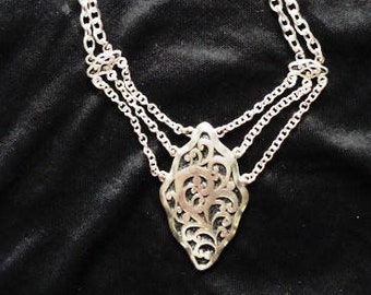 Byzantine Pendant Necklace Silvertone Filigree 19" Multi-Strand Ornate Wedding Necklace Queen Necklace Art Nouveau Valentine Gift Jewelry