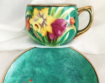 Vintage Japanese Tea Cup & Saucer: Chikaramachi Turquoise Hand-Painted Daffodils/Gold Trim