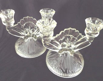 Depression-Era Pressed Glass Candlesticks: Clear Fan-Shaped Pair Twin-Arm